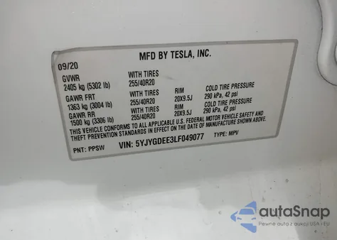 2020 Tesla Model Y Long Range Dual Motor All-Wheel Drive z USA, uszkodzony, nr VIN 5YJYGDEE3LF049077